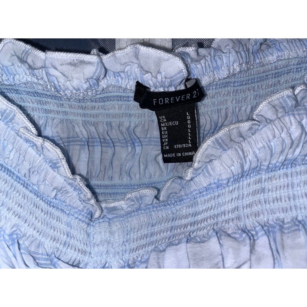 Forever 21 Blue Plaid Smocked Crop Top Puff Sleeve Drawstring Women's Size Large - Picture 3 of 7
